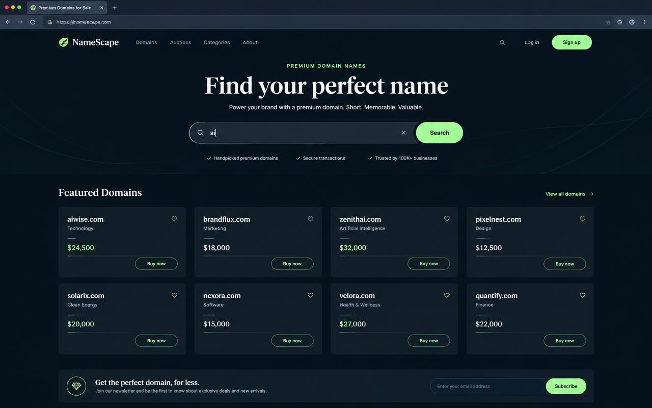 Example premium domain marketplace page built by Depthly