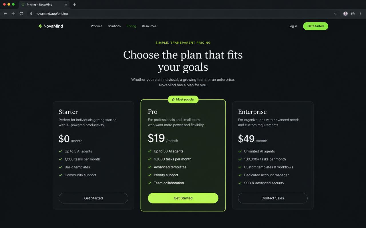 Example subscription pricing page built by Depthly
