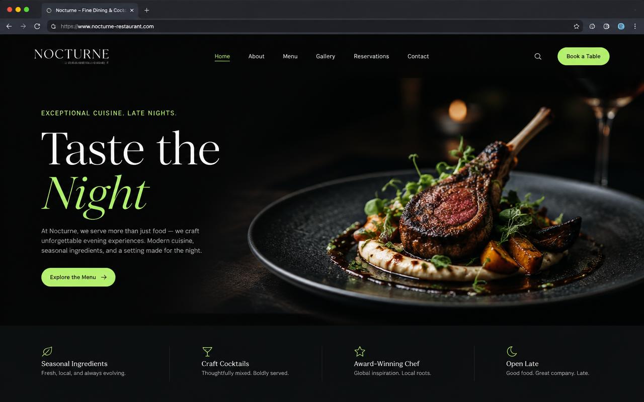 Example premium website built by Depthly — dark restaurant homepage with lime accents